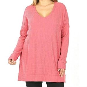 Rose waffle weave long sleeve top